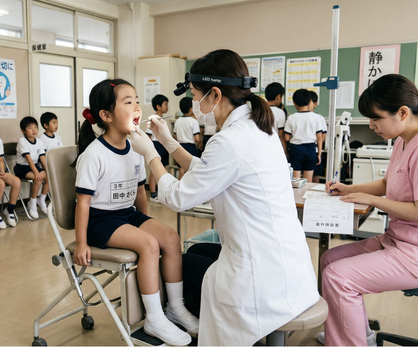 松山市の小学生が学校歯科健診を受けている様子