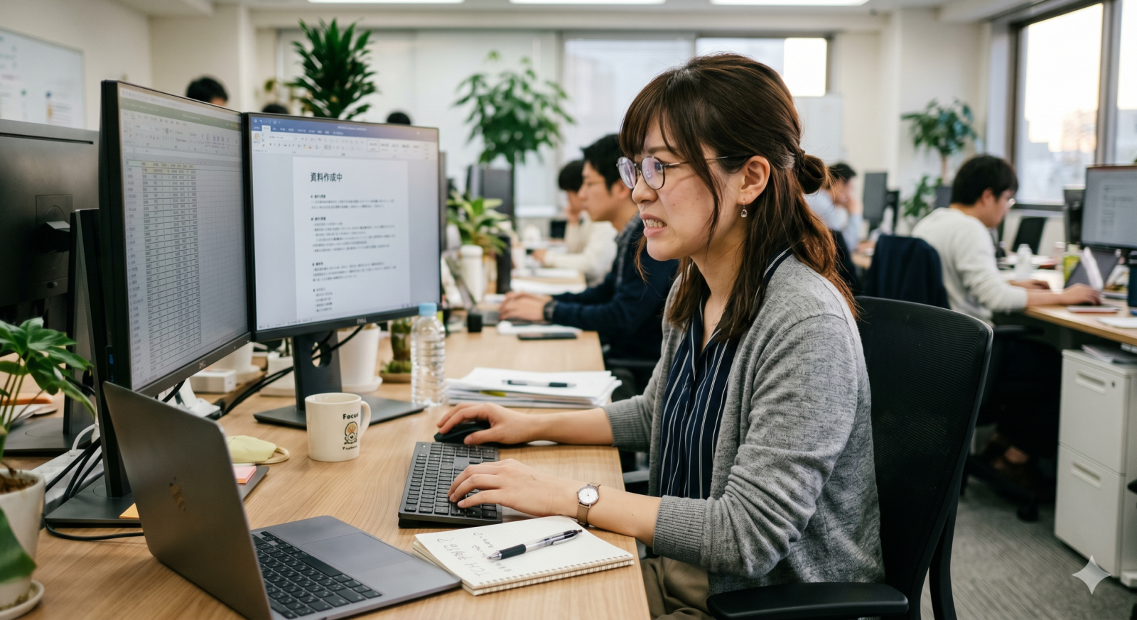 デスクワーク中に無意識に歯を接触させる女性のイメージ