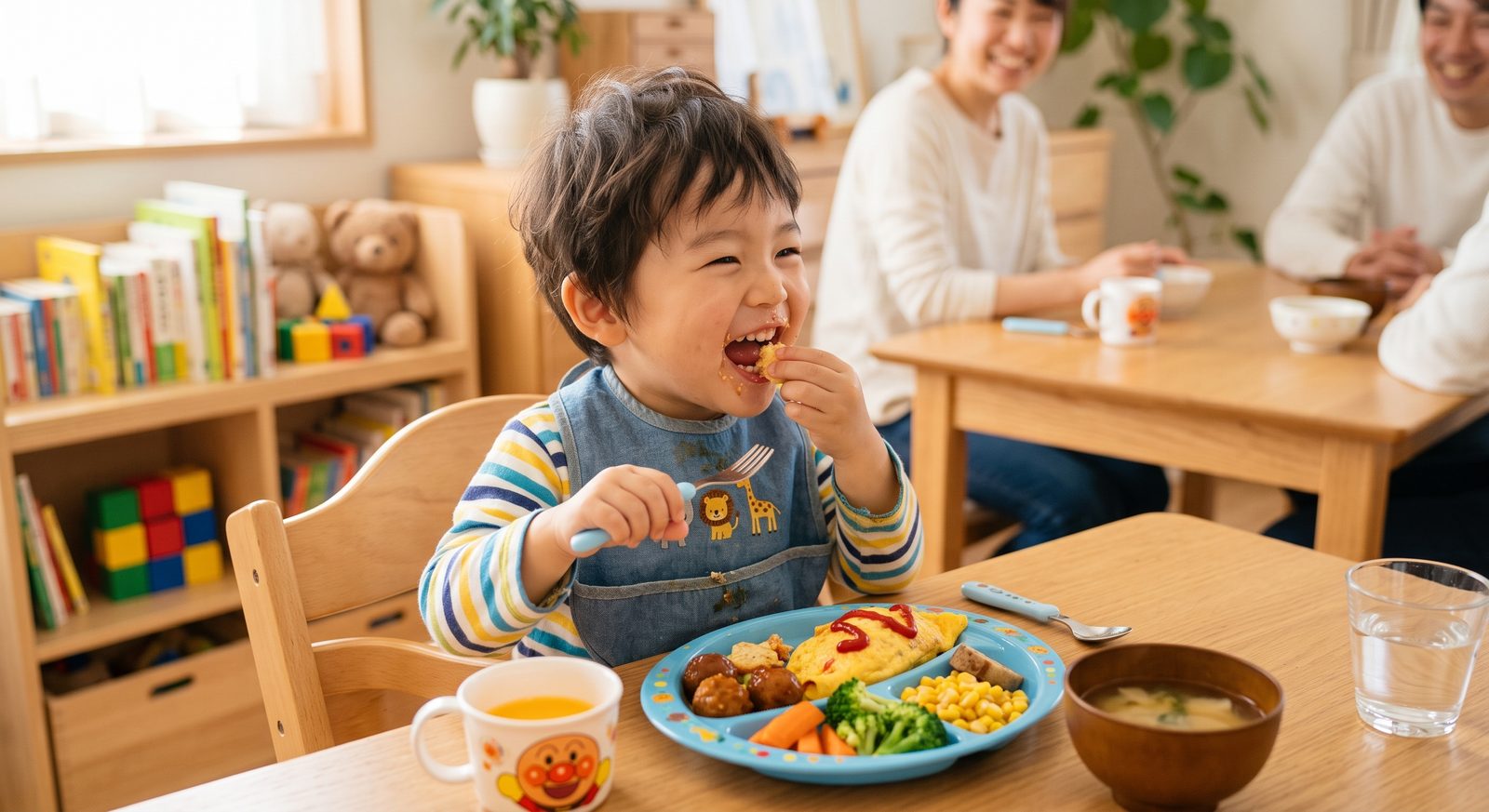 食卓で食事をする子どもと見守る家族