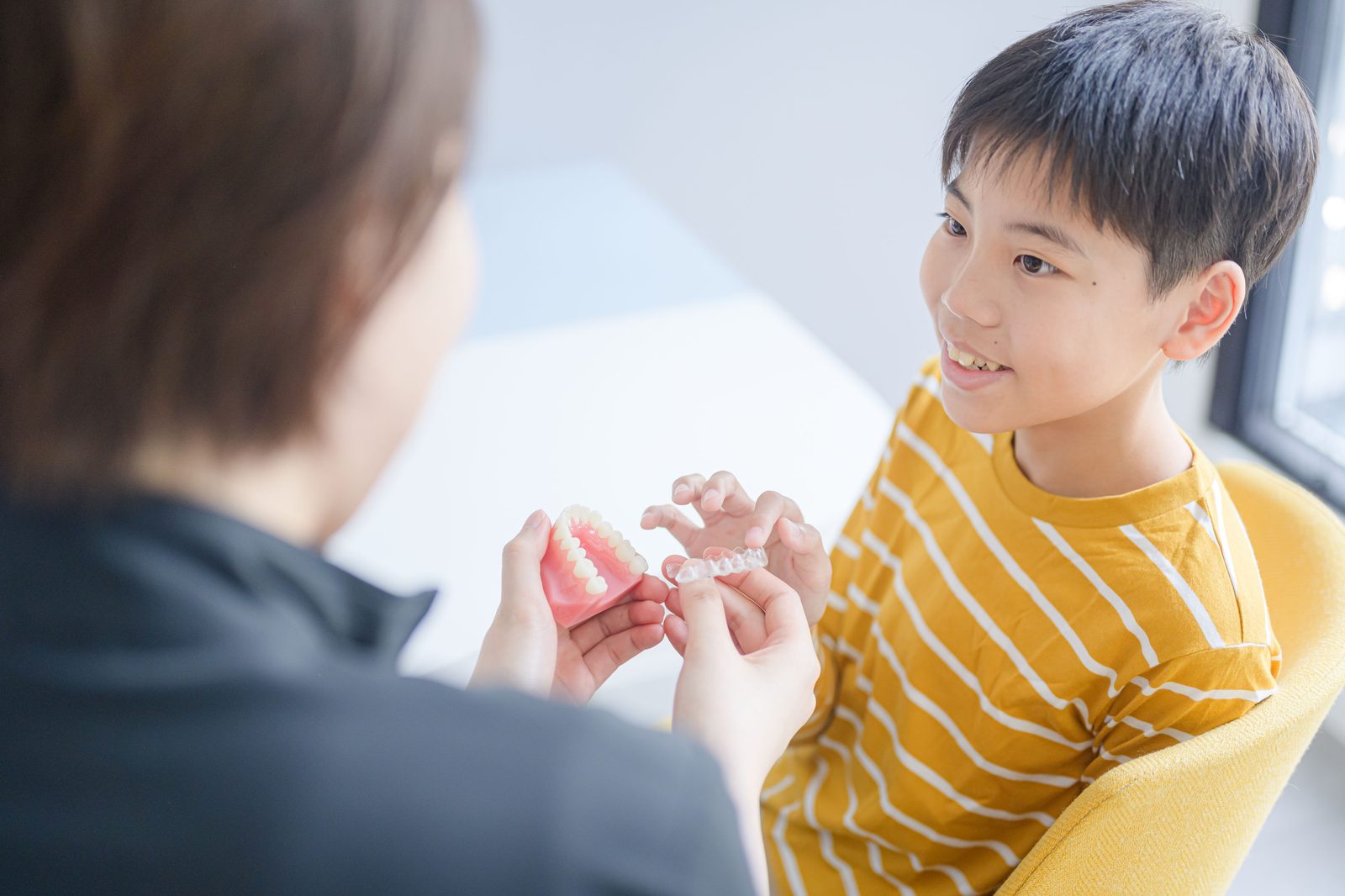 歯の模型を使って磨き方を説明する歯科衛生士と子ども