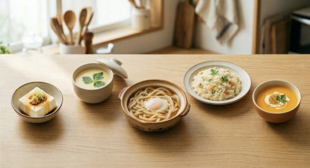愛媛インプラントクリニックかまくら歯科が提案する、矯正治療の調整後やマウスピース型矯正(インプラント矯正)中に最適な柔らかい食事の例。木目調のテーブルに、豆腐、茶碗蒸し、柔らかく煮たうどん、リゾット、スープが並ぶ。装置に配慮した消化の良いメニュー。