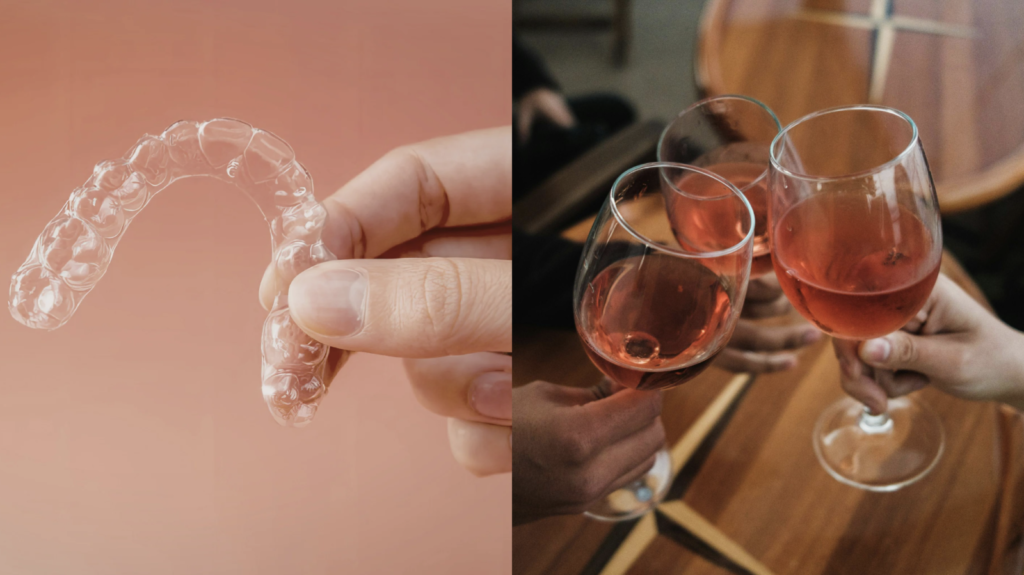 愛媛インプラントクリニックかまくら歯科が解説する、マウスピース型矯正装置（インビザライン等）と着色のリスク。透明なマウスピース装置と、着色の原因となる赤ワインのイメージ。愛媛県松山市で矯正治療を検討中の方へ、装着中の飲食による装置の変色や汚れへの注意点、正しいお手入れ方法を説明するための比較画像。