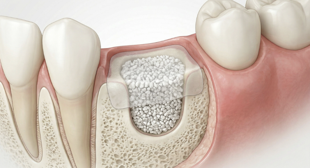 愛媛インプラントクリニックかまくら歯科で提供している、インプラント治療を前提とした抜歯後骨保存術（ソケットプリザベーション）を解説する歯科医学的イラスト。抜歯後の歯槽骨（顎の骨）に白い顆粒状の人工骨（骨補填材）が充填され、その上を半透明の生体吸収性メンブレン（遮断膜）が覆っている様子が、骨の内部構造まで鮮明に描かれている。健康な隣接歯やピンク色の歯肉もリアルに表現されている。