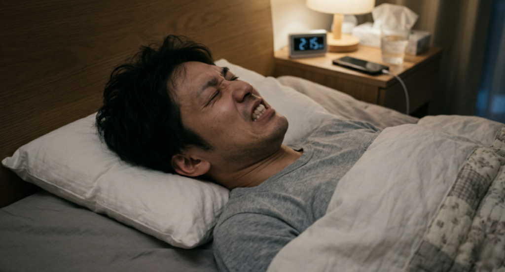 夜間の就寝中に無意識に歯を食いしばり、顔をしかめて苦痛を感じている男性の様子。歯ぎしりや食いしばりは歯を傷め、将来的なインプラント治療が必要になる原因にもなります。愛媛のかまくら歯科では、マウスピースを用いた顎関節症治療や、失った歯を補う精密な治療を行っています。