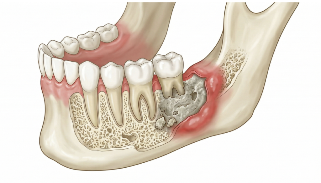 下顎の奥歯周辺で発生した顎骨壊死（がっこつえし：骨の細胞が死んで腐敗した状態）の医学的イラスト。愛媛インプラントクリニックかまくら歯科では、ビスフォスフォネート製剤（骨粗鬆症の薬）などの服用歴を確認し、外科手術時のリスク管理を徹底しています。イラストでは歯肉の腫れと、内部で崩壊した顎の骨がリアルに描かれています。