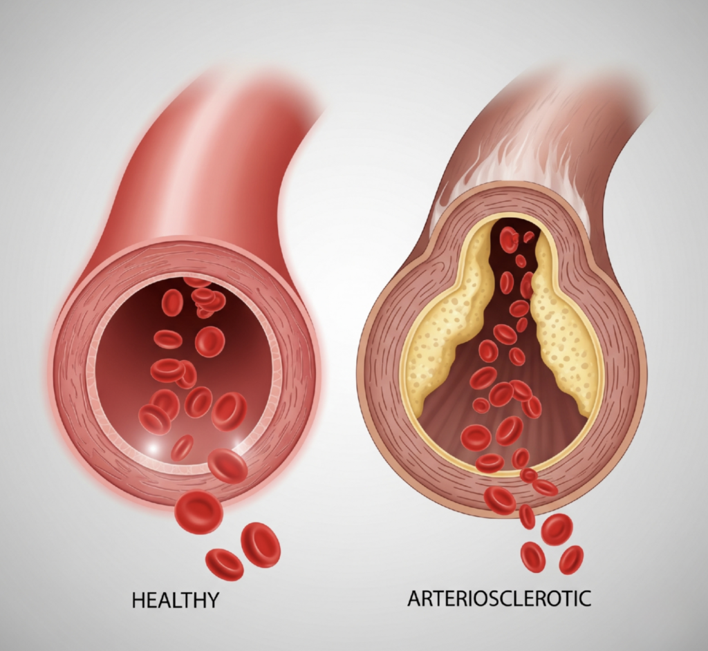 愛媛インプラントクリニックかまくら歯科が解説する、健康な血管（HEALTHY）と動脈硬化（ARTERIOSCLEROTIC）の比較イラスト。右側の動脈硬化の血管では、血管壁にプラーク（脂肪などの堆積物）が蓄積して内腔が狭くなり、血流が阻害されている様子が描かれている。歯周病菌が血管内に侵入することで、このような血管の老化（動脈硬化）を促進するリスクがあることを視覚的に示している。