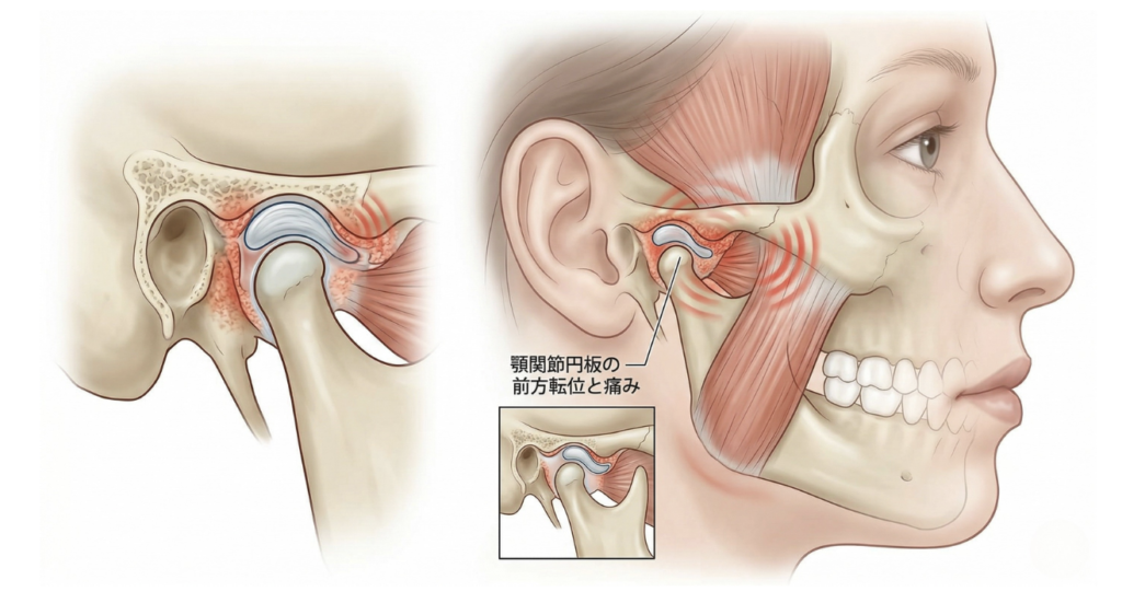 顎関節症のメカニズムを示すイラスト。愛媛県松山市の「かまくら歯科」では、顎の痛みや違和感に対し、インプラント治療や噛み合わせの観点から専門的な診断を行います。画像は、顎関節内のクッションである関節円板が前方へズレ（転位）、骨同士の摩擦や炎症による痛み（赤い波紋で表現）が生じている解剖図です。