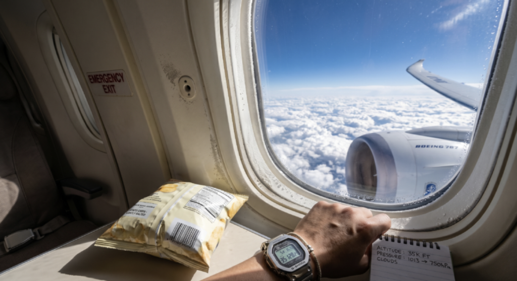 愛媛にあるかまくら歯科が解説する、飛行機内で歯が痛くなる「航空性歯痛」のイメージ画像。飛行機の機内の窓から見える青空と雲海、飛行機のエンジン、テーブルの上に置かれた気圧で膨らんだスナック菓子の袋、そして高度や気圧の変化（1013から750hPa）を記録したメモ帳を持つ、腕時計をつけた手が写っています。インプラント治療中や未治療の虫歯がある場合に起こりやすい、気圧変化による歯の痛みを客観的に説明するための写真です。