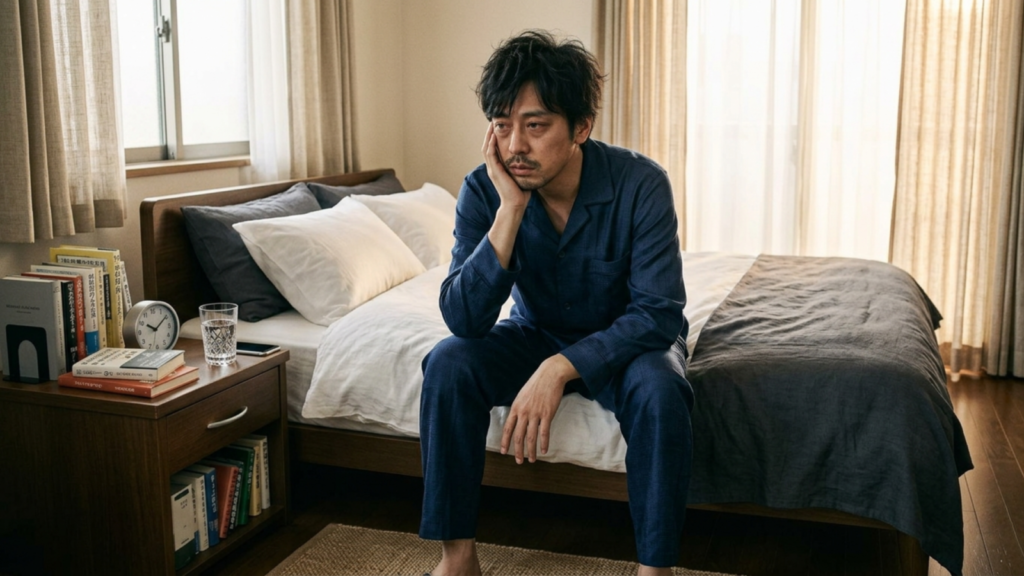 愛媛にあるかまくら歯科では、噛み合わせを整えるインプラント治療に加え、睡眠時無呼吸症候群(SAS)による睡眠トラブルのご相談にも対応しています。画像は、青いパジャマを着た男性が寝室のベッドに腰掛け、頬杖をついて非常に疲労した表情を浮かべている様子です。傍らの木製サイドテーブルには目覚まし時計や本、水の入ったグラスが置かれています。睡眠時無呼吸症候群の代表的な症状である「寝ても疲れが取れない」状態を客観的に表現しています。