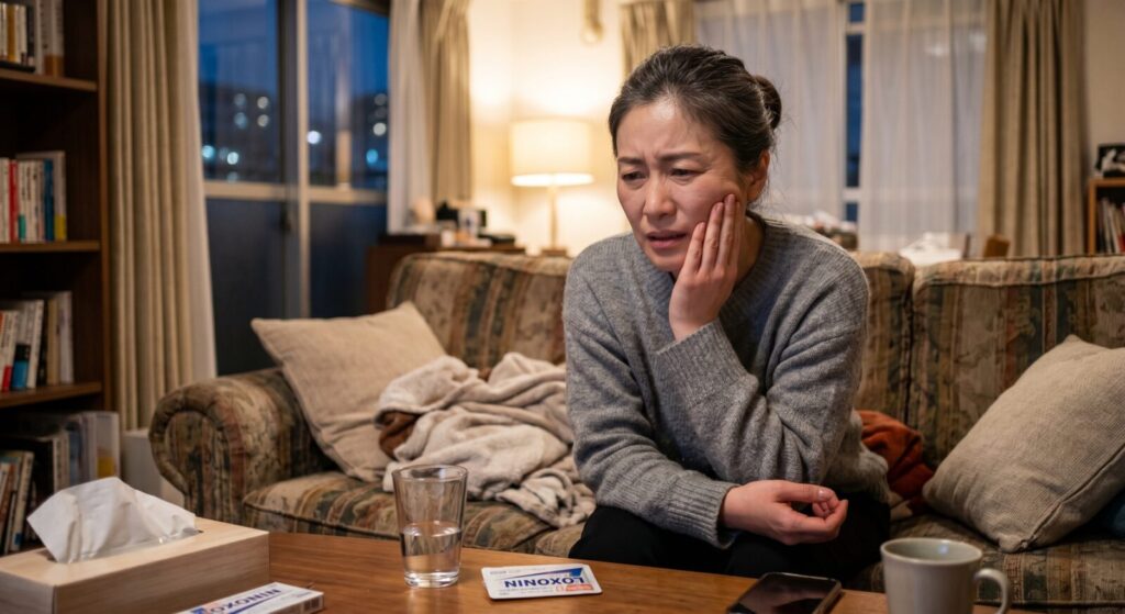 愛媛にあるかまくら歯科では、インプラント治療をはじめ、過去に治療した歯が再び虫歯になる「二次虫歯」の治療にも力を入れています。画像は、夜のリビングのソファに座り、辛そうに頬を押さえて急な歯の痛みに耐えている女性の様子です。手前のテーブルには水の入ったグラスと鎮痛剤が置かれています。
