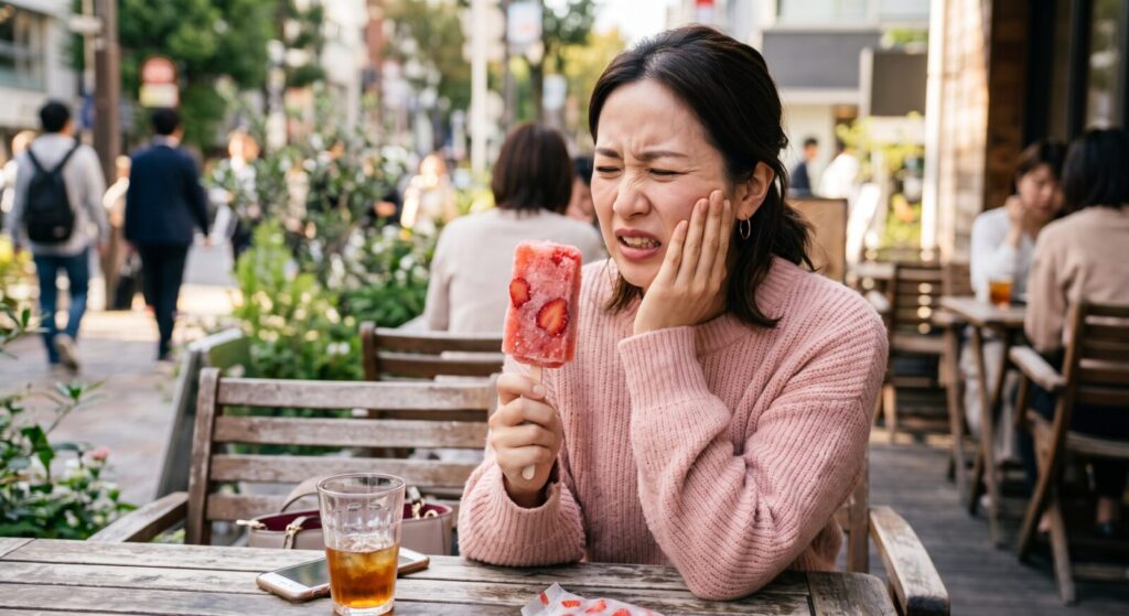 愛媛のオープンカフェで、ピンクのセーターを着た30代の日本人女性がイチゴのアイスキャンディーを口にし、冷たさが歯にしみて左手で頬を押さえ痛そうに顔をしかめている様子。テーブルにはグラスに入ったアイスティーとスマートフォンが置かれています。冷たいものがしみる知覚過敏（ちかくかびん）やむし歯の症状を客観的に表現しています。愛媛のかまくら歯科では、こうした日常的な歯の痛みやトラブルの治療から、将来的に歯を失ってしまった際のインプラント治療まで、患者様のお口の健康を総合的にお守りします。